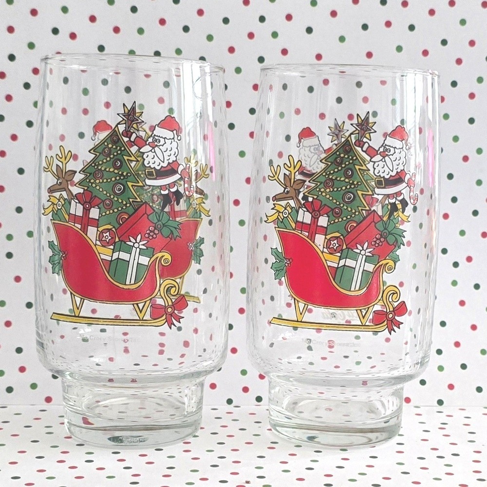 VTG 80's Coca Cola McCrory Stores Christmas Glasses Set of 2 Santa Reindeer Tree - Picture 1 of 6